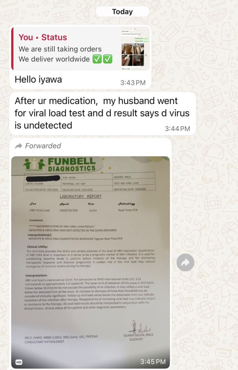 Customer lab result showing virus undetected after herbal medication