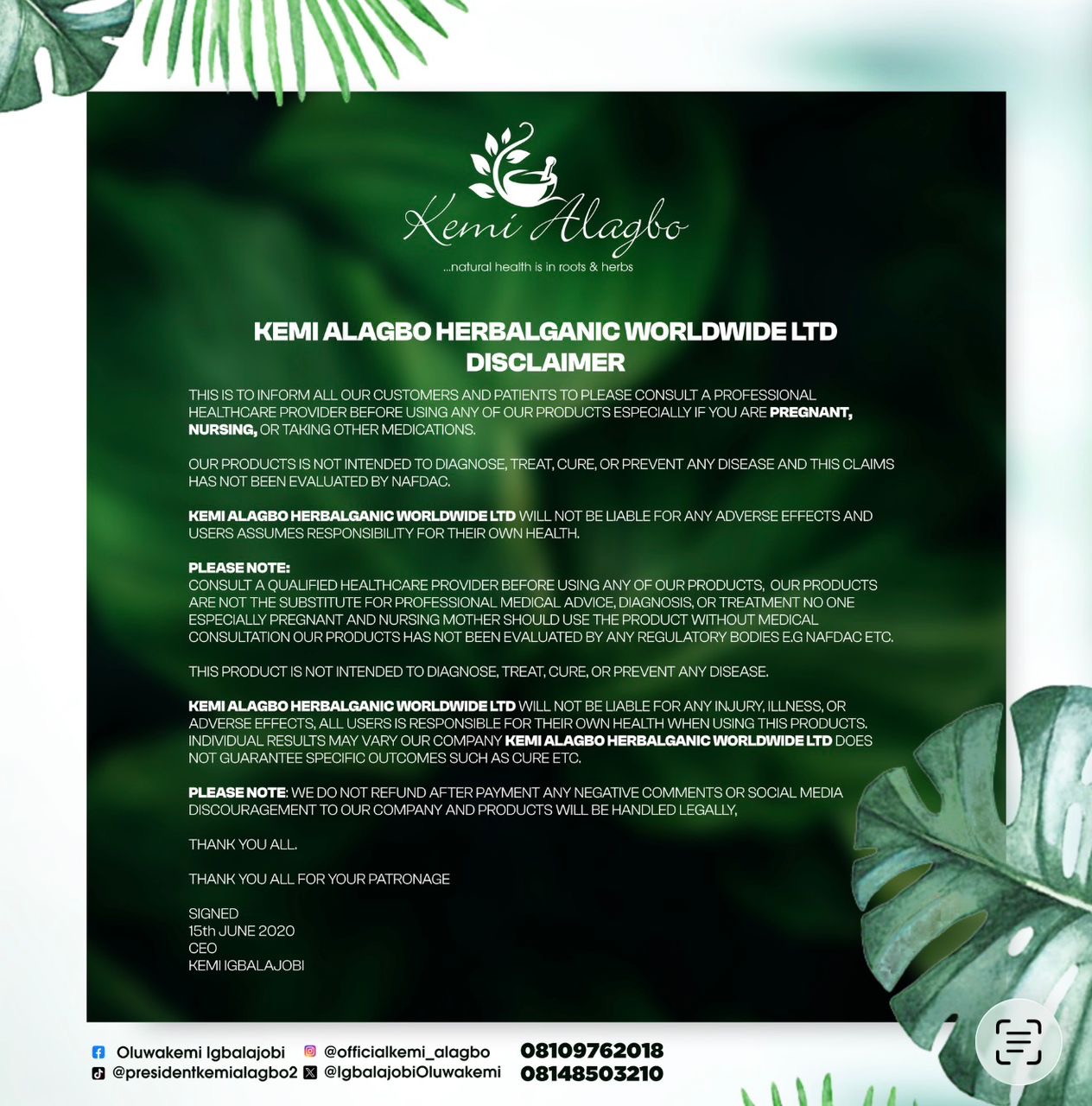 Official Kemi Alagbo Herbalganic disclaimer document